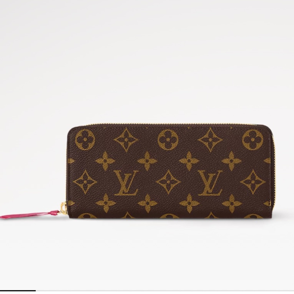 Louis Vuitton Clémence Wallet - Classic Brown with fuscia pink leather interior.